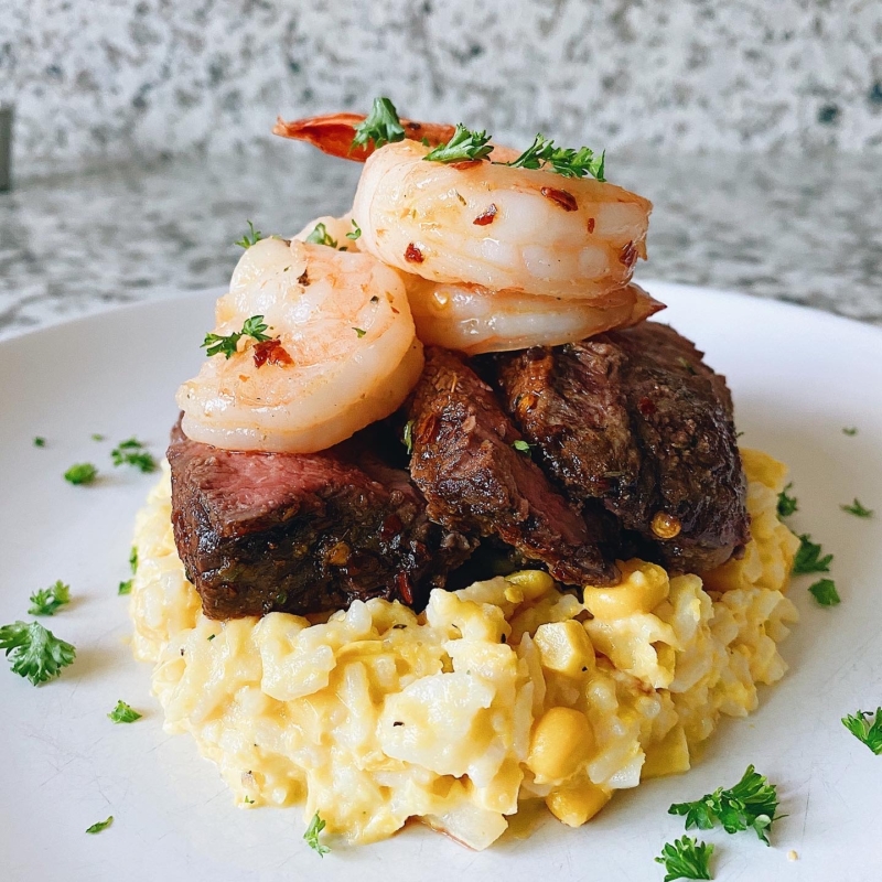 Surf and Turf with Creamed Corn and Rice
