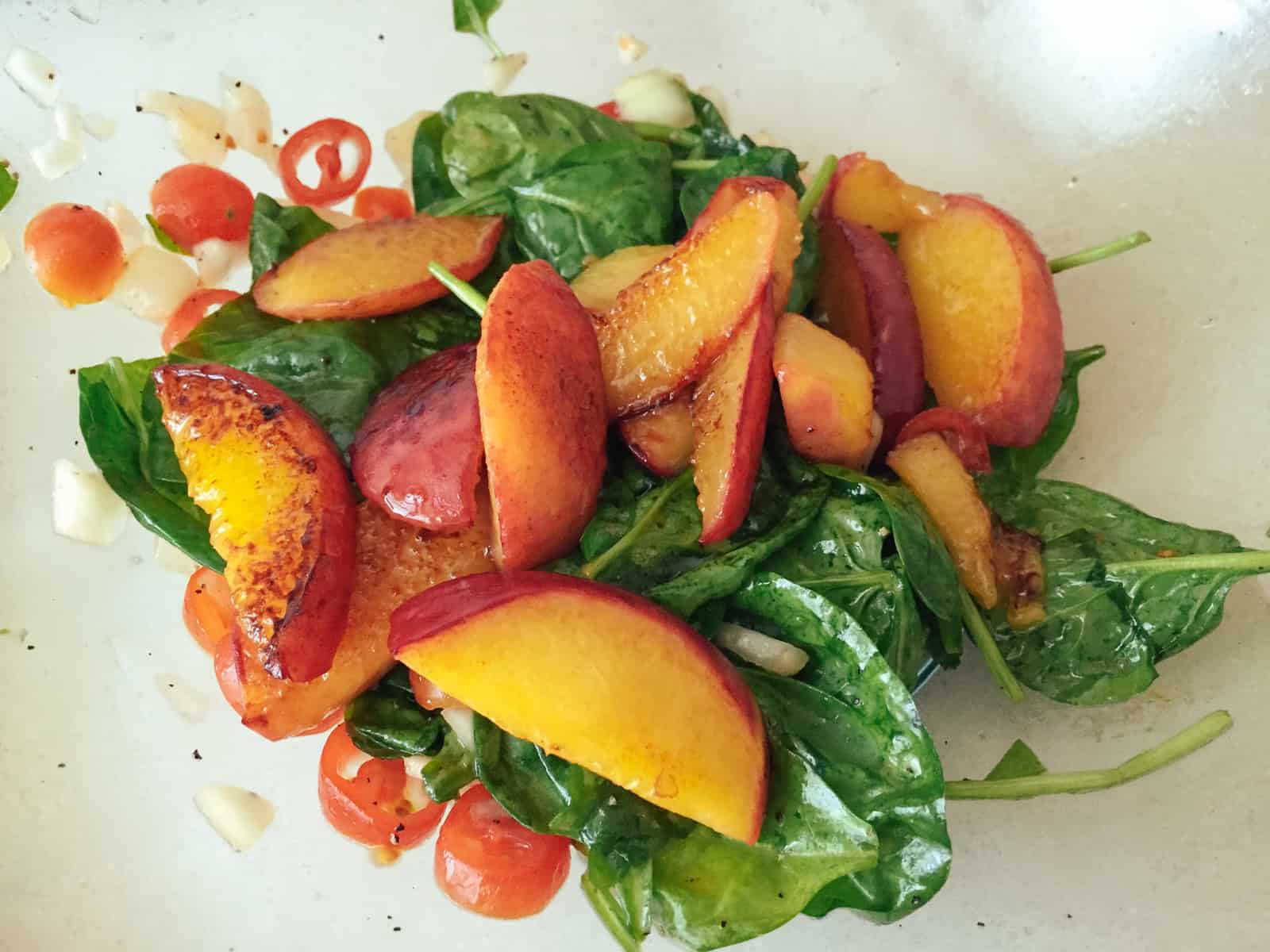 Spinach Salad With Pan Fried Peaches