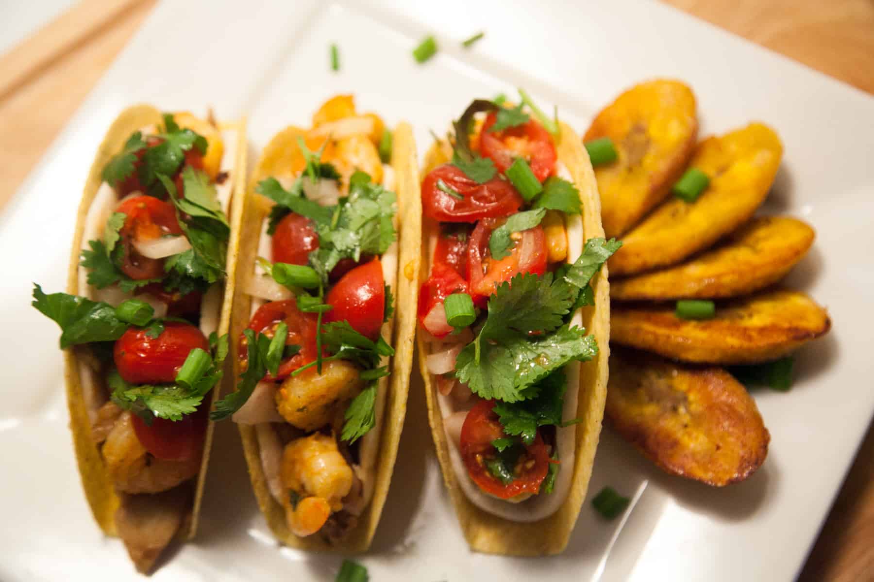 Jerk Chicken and Shrimp Crunch Soft Tacos with Plantains